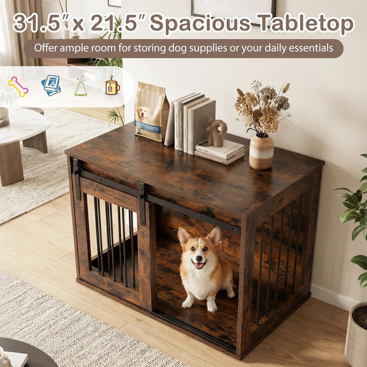 GIANTEX 31.5" Dog Crate Furniture with Sliding Barn Door, Wooden Dog Kennel | Heavy Duty Wood Pet Cage End Side Table