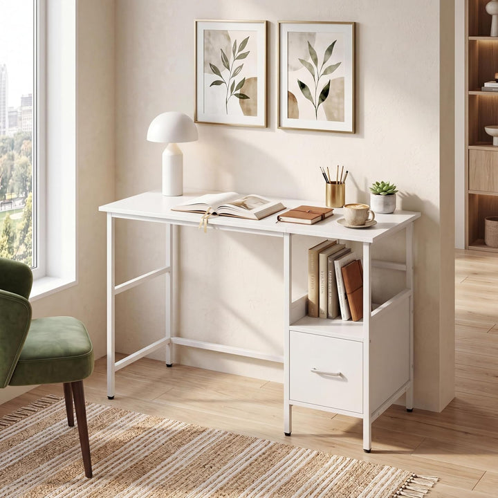 Giantex White Computer Desk, Writing Desk w/Open Shelf and Storage Drawer
