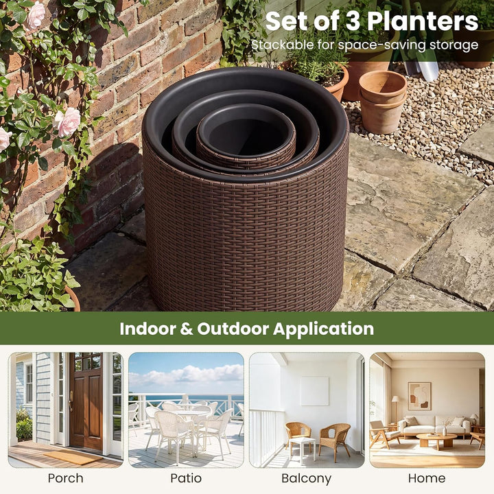 GIANTEX Set of 3 Rattan Planters Flower Pot Set