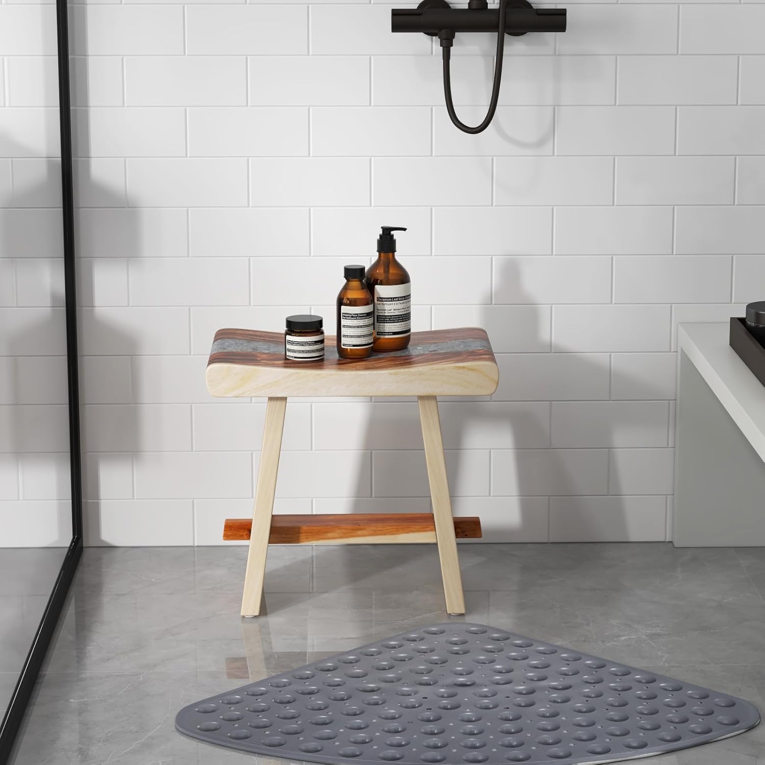 Giantex Teak Shower Bench, Fully Assembled Teak Shower Stool with Epoxy Resin Decoration and Curved Seat