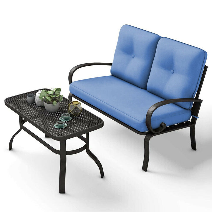 2 Pcs Patio Loveseat with Coffee Table Outdoor Bench with Cushion and Metal Frame