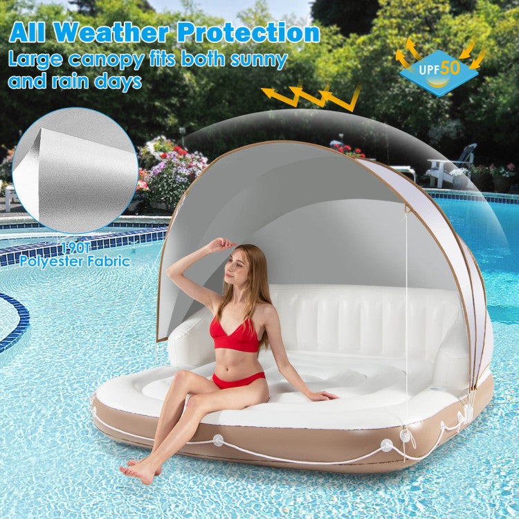 Giantex Canopy Island Inflatable Pool Float Comfortable Lounge Surface – Built-in Cup Holders – Detachable Sunshade – 440lb Max Weight Capacity