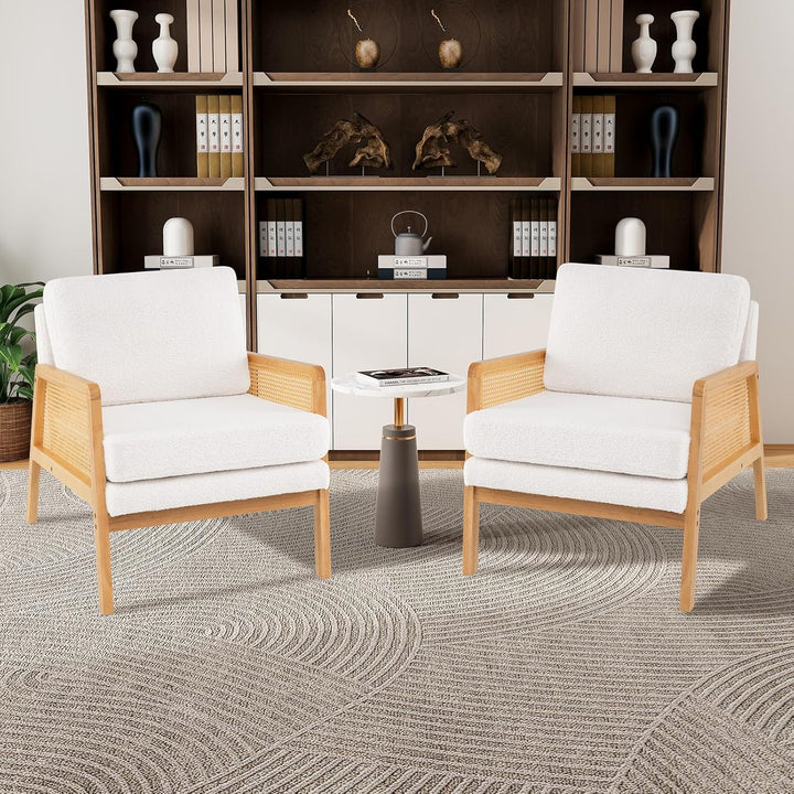 Giantex Mid Century Modern Accent Chair, Boho Boucle Living Room Arm Chair w/Rattan Arms