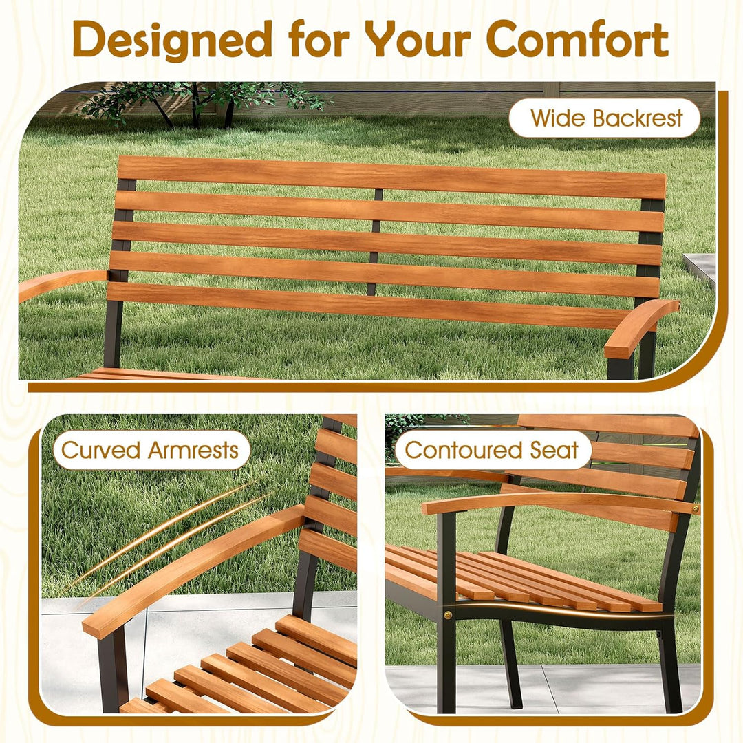 Outdoor Bench, Acacia Wood Patio Loveseat with Slatted Backrest & Seat, Armrests