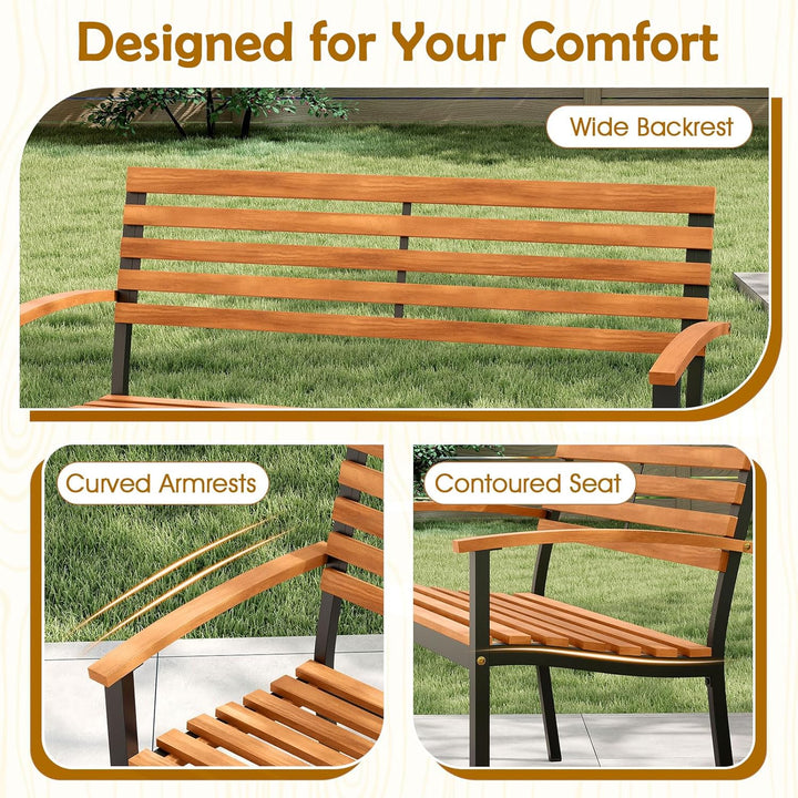 Outdoor Bench, Acacia Wood Patio Loveseat with Slatted Backrest & Seat, Armrests