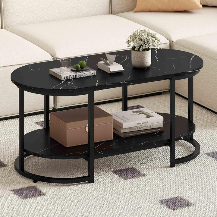 Giantex White Marble Coffee Table - Modern 2-Tier Center Table w/Open Storage Shelf