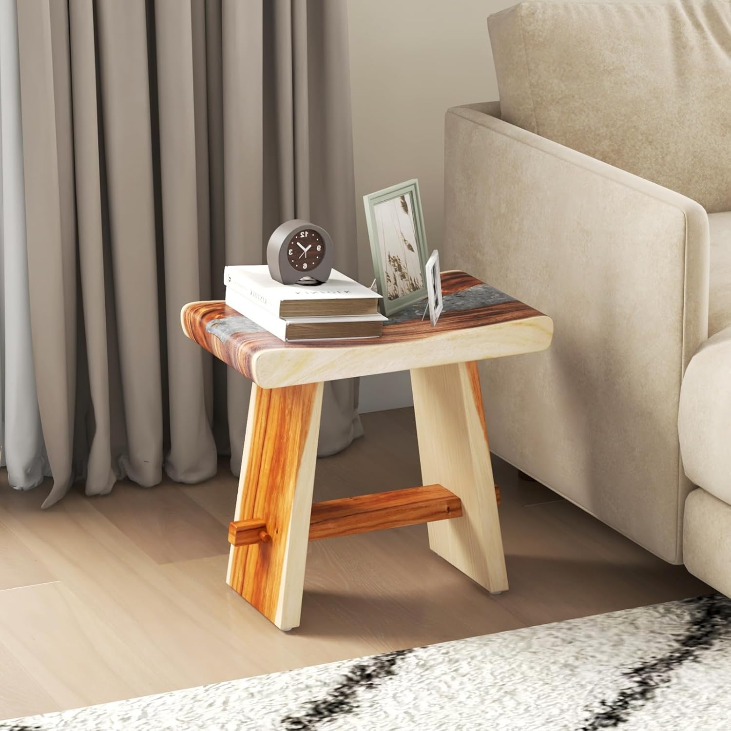 Giantex Teak Shower Bench, Fully Assembled Teak Shower Stool with Epoxy Resin Decoration and Curved Seat