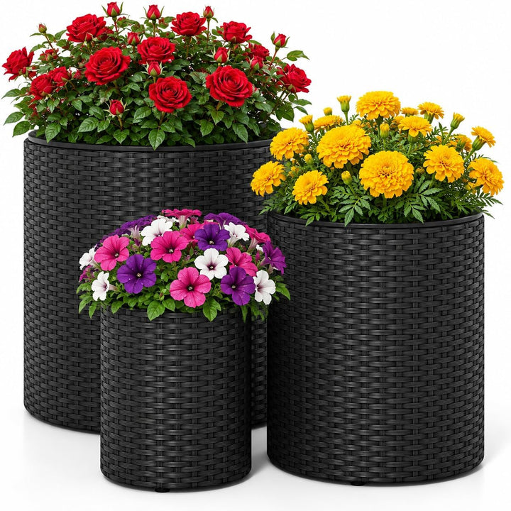 GIANTEX Set of 3 Rattan Planters Flower Pot Set