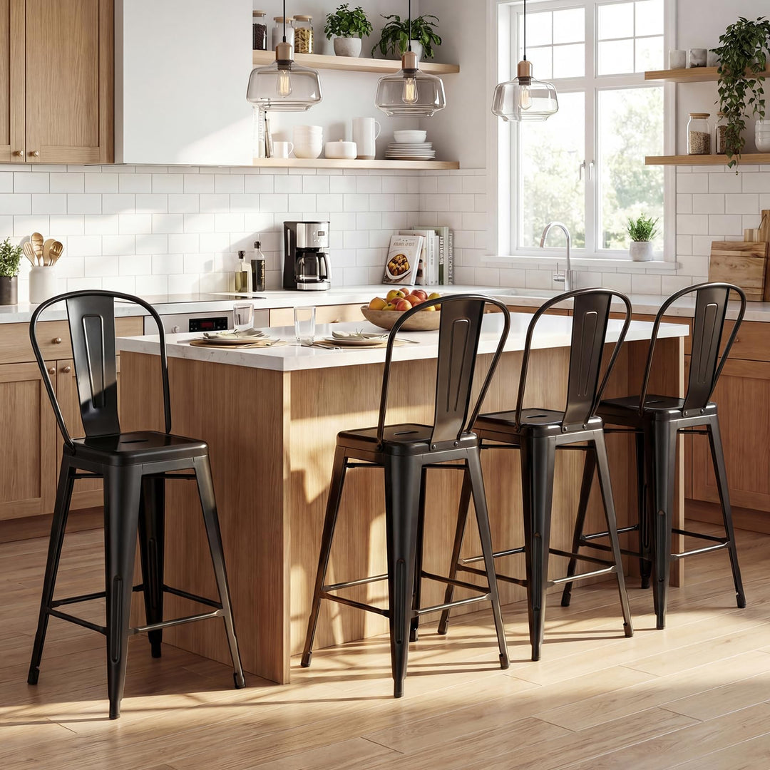 Giantex 24" Metal Bar Stools Set of 4 w/Removable Back &amp; Integrated Footrest