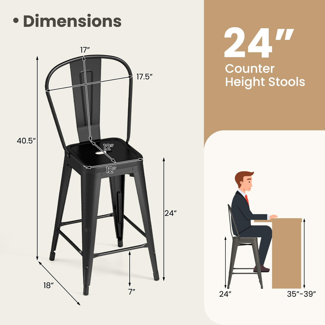 Giantex 24" Metal Bar Stools Set of 4 w/Removable Back &amp; Integrated Footrest