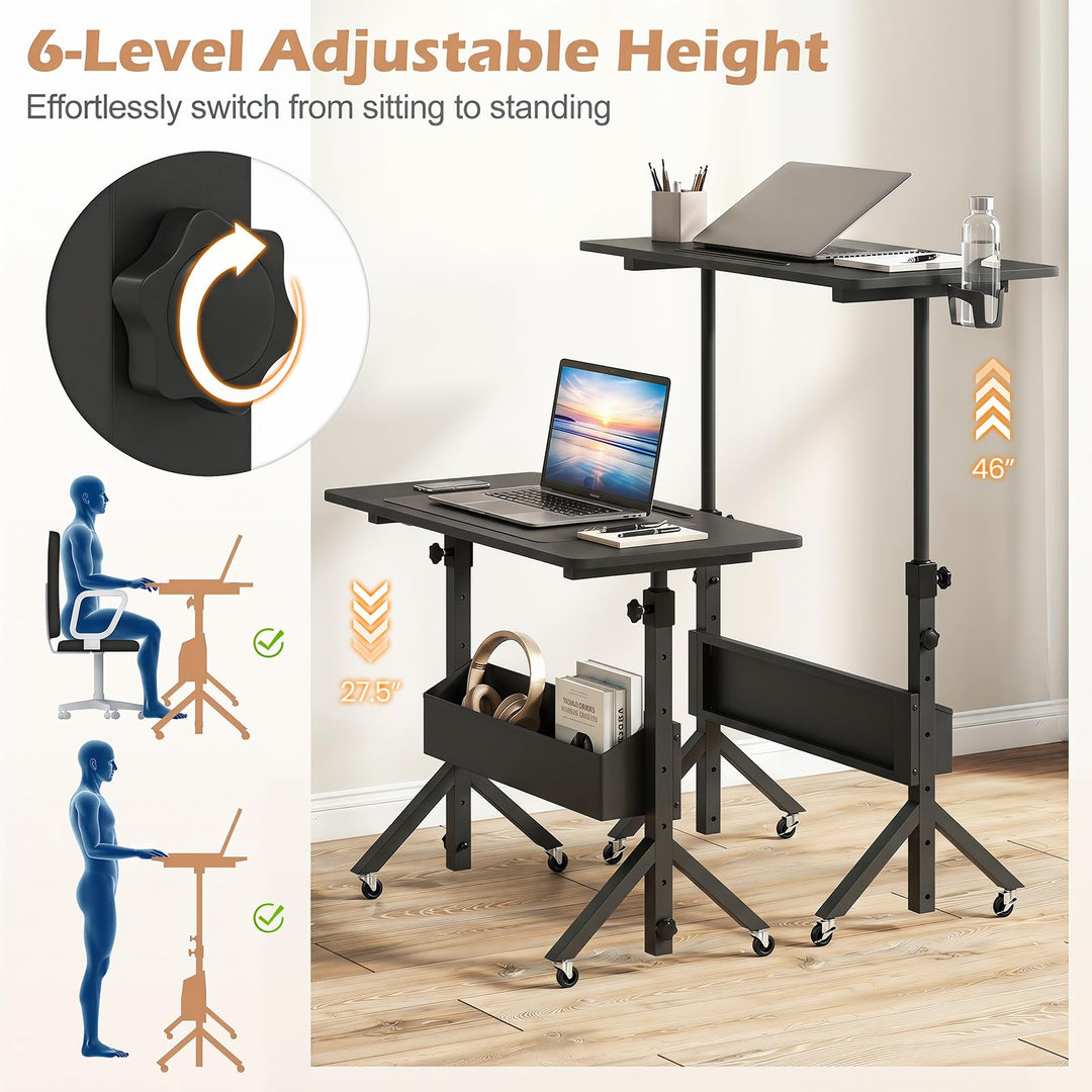 Giantex 31.5 Small Mobile Standing Desk with Wheels &amp; Storage Basket &amp; Tablet Slot