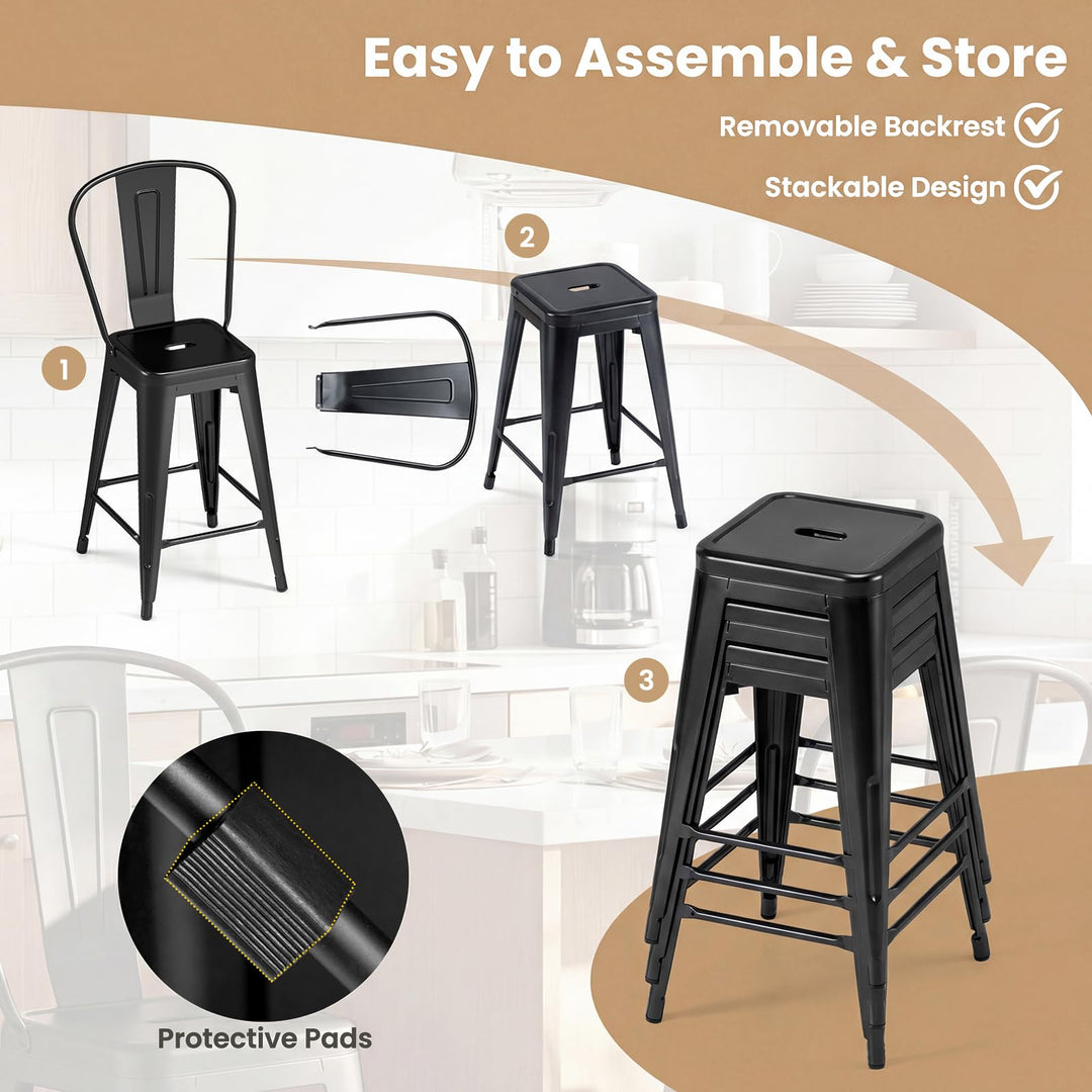 Giantex 24" Metal Bar Stools Set of 4 w/Removable Back &amp; Integrated Footrest