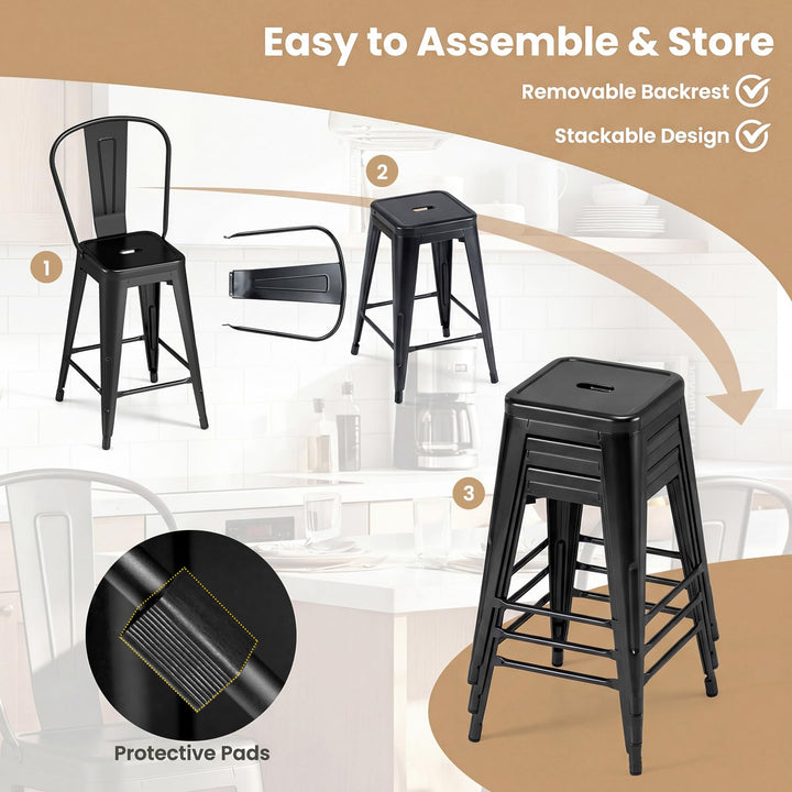 Giantex 24" Metal Bar Stools Set of 4 w/Removable Back &amp; Integrated Footrest