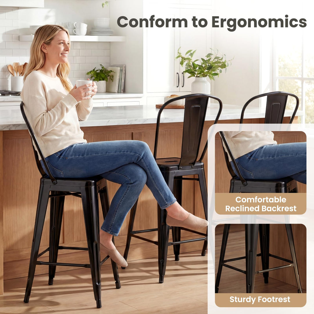 Giantex 24" Metal Bar Stools Set of 4 w/Removable Back &amp; Integrated Footrest