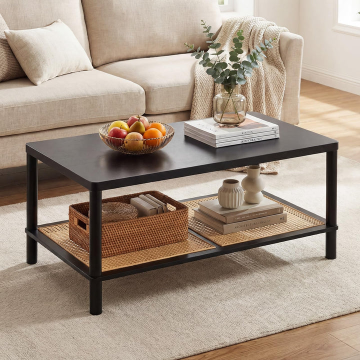 Giantex Rattan Coffee Table with Rubber Wood Frame &amp; PVC Rattan Storage Shelf