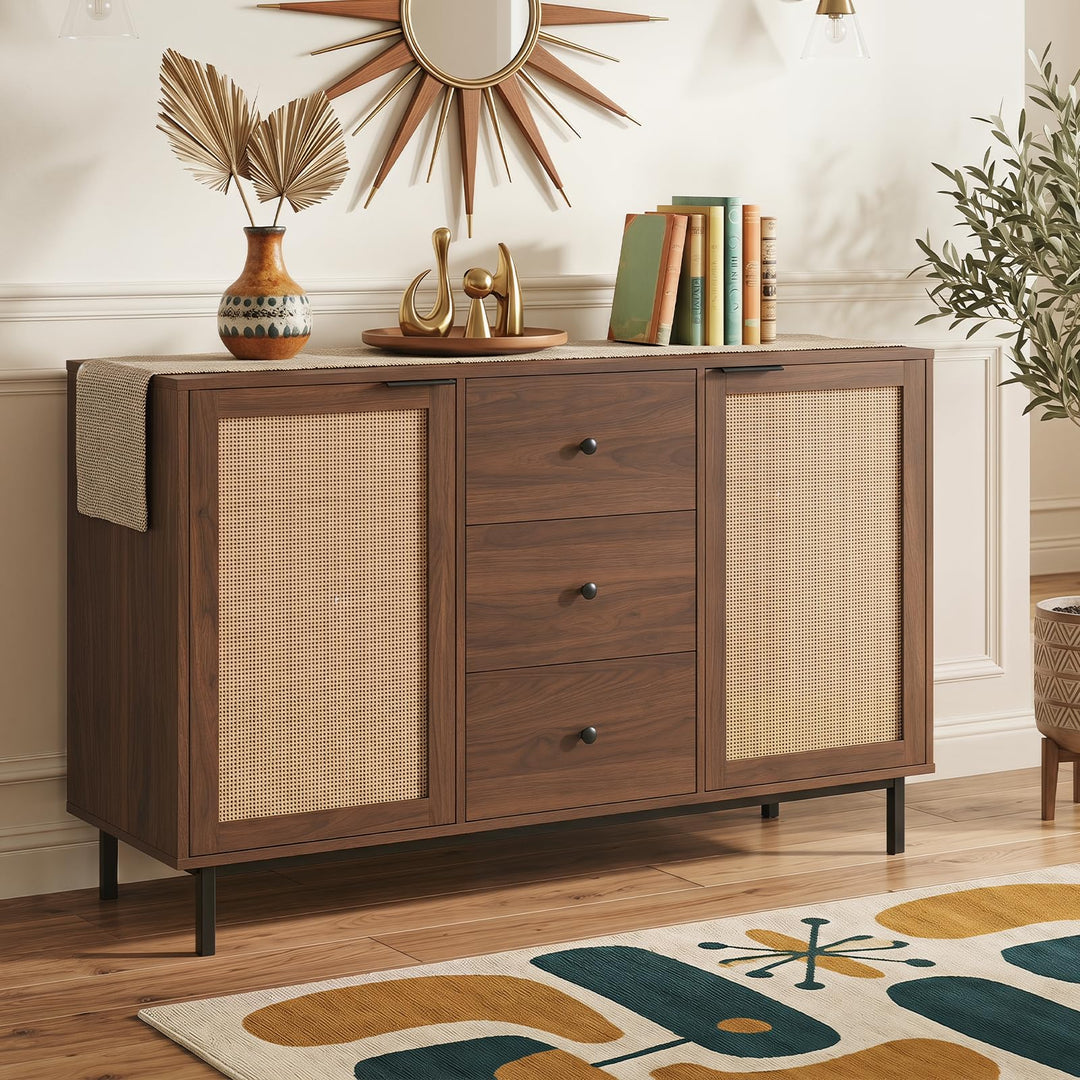 Giantex 47.5 Sideboard Buffet Cabinet with Storage with 2 Rattan Doors and 3 Drawers