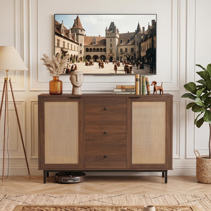 Giantex 47.5 Sideboard Buffet Cabinet with Storage with 2 Rattan Doors and 3 Drawers
