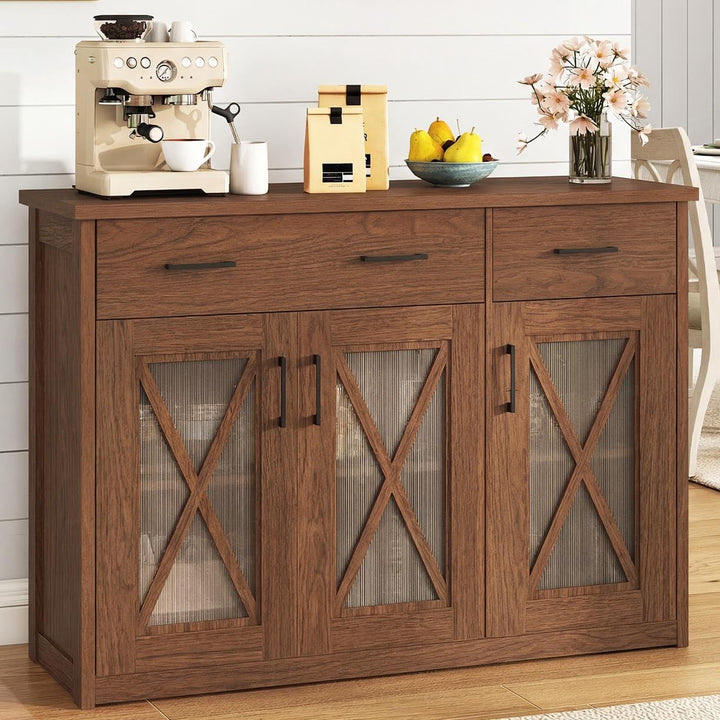 Giantex 47" Farmhouse Buffet Cabinet w/Fluted Glass Doors 2 Drawers &amp; Adjustable Shelves