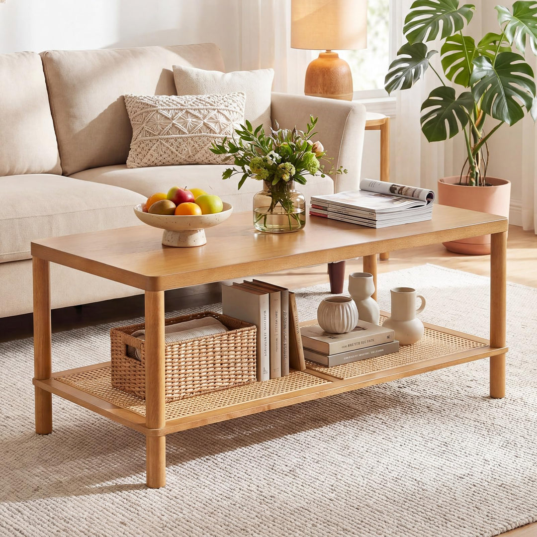 Giantex Rattan Coffee Table with Rubber Wood Frame &amp; PVC Rattan Storage Shelf