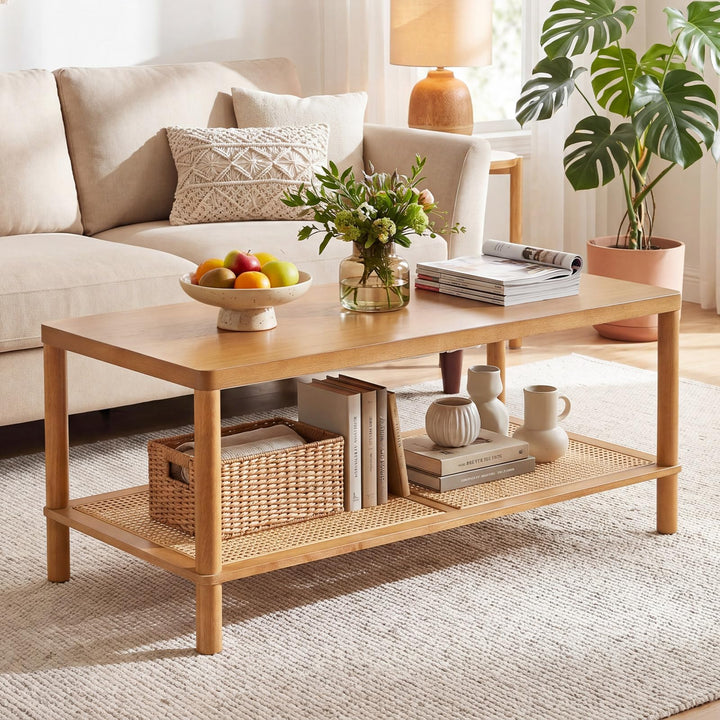 Giantex Rattan Coffee Table with Rubber Wood Frame &amp; PVC Rattan Storage Shelf
