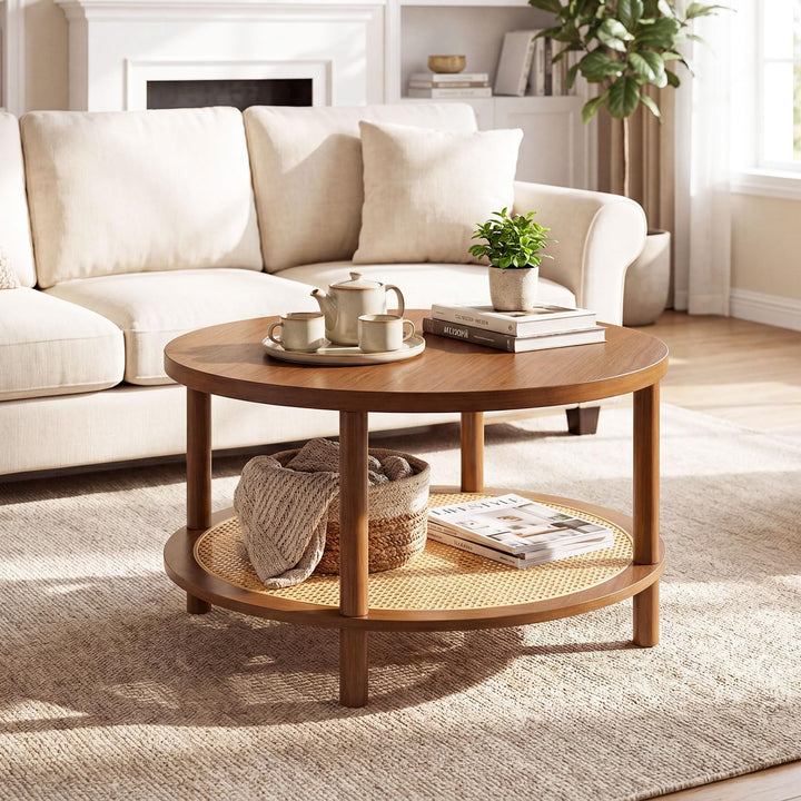 Giantex Round Rattan Coffee Table with Storage &amp; Solid Rubber Wood Legs