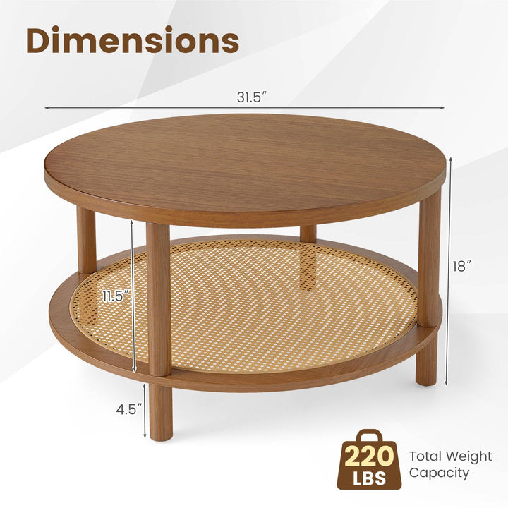 Giantex Round Rattan Coffee Table with Storage &amp; Solid Rubber Wood Legs