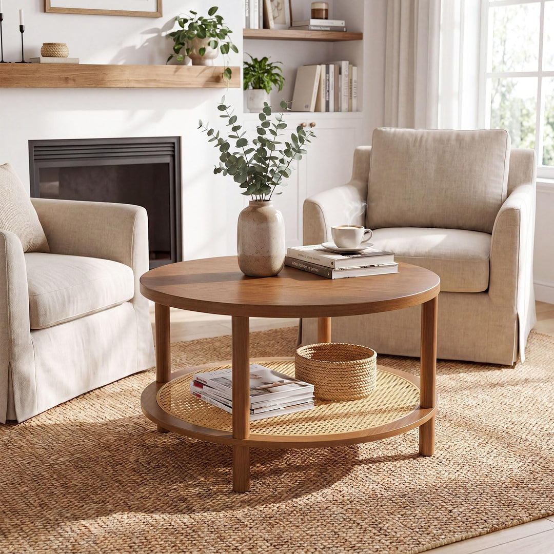 Giantex Round Rattan Coffee Table with Storage &amp; Solid Rubber Wood Legs