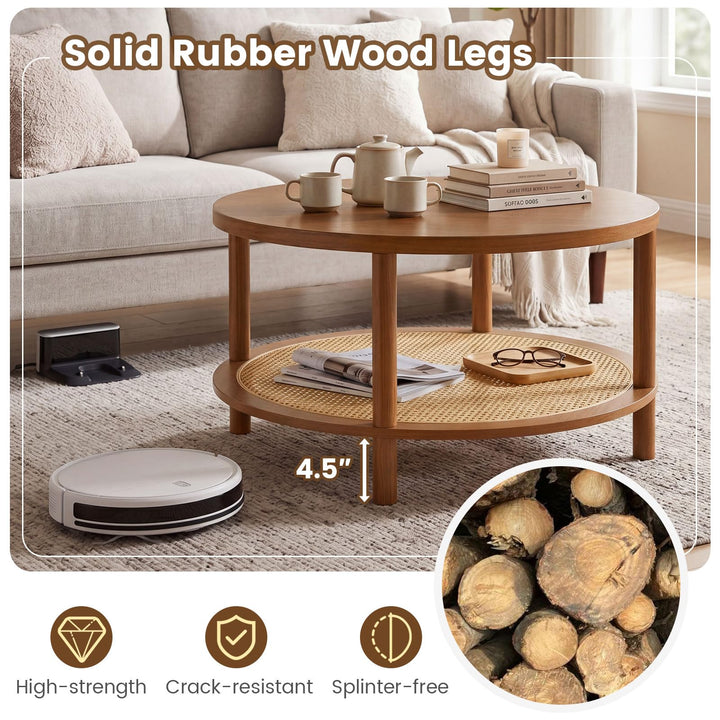 Giantex Round Rattan Coffee Table with Storage &amp; Solid Rubber Wood Legs