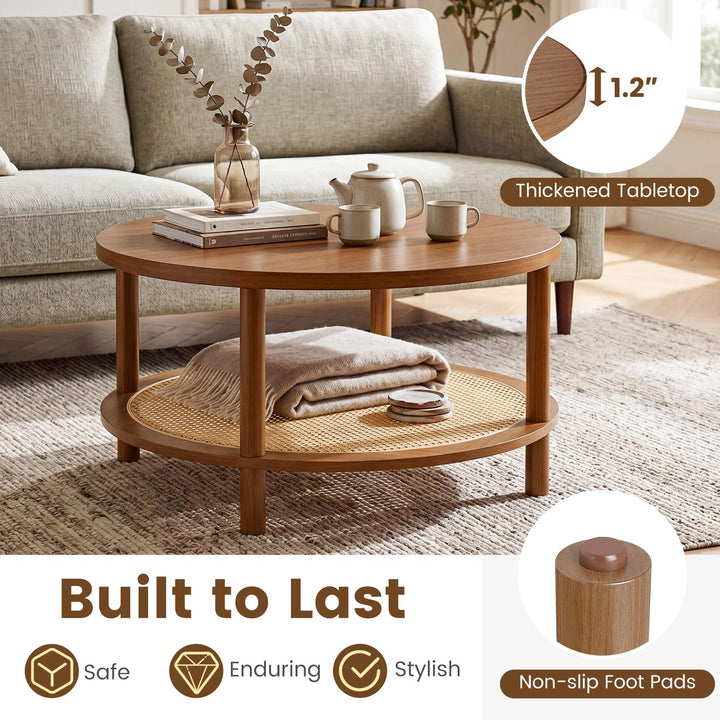 Giantex Round Rattan Coffee Table with Storage &amp; Solid Rubber Wood Legs