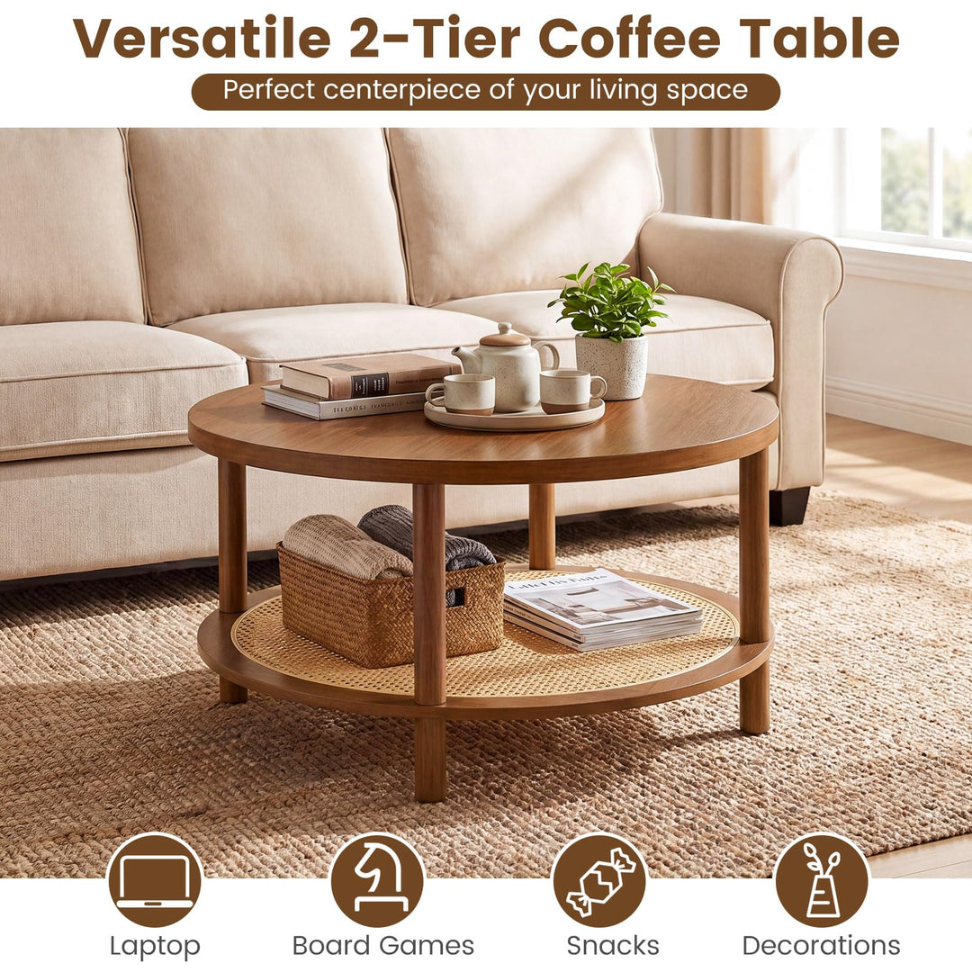 Giantex Round Rattan Coffee Table with Storage &amp; Solid Rubber Wood Legs