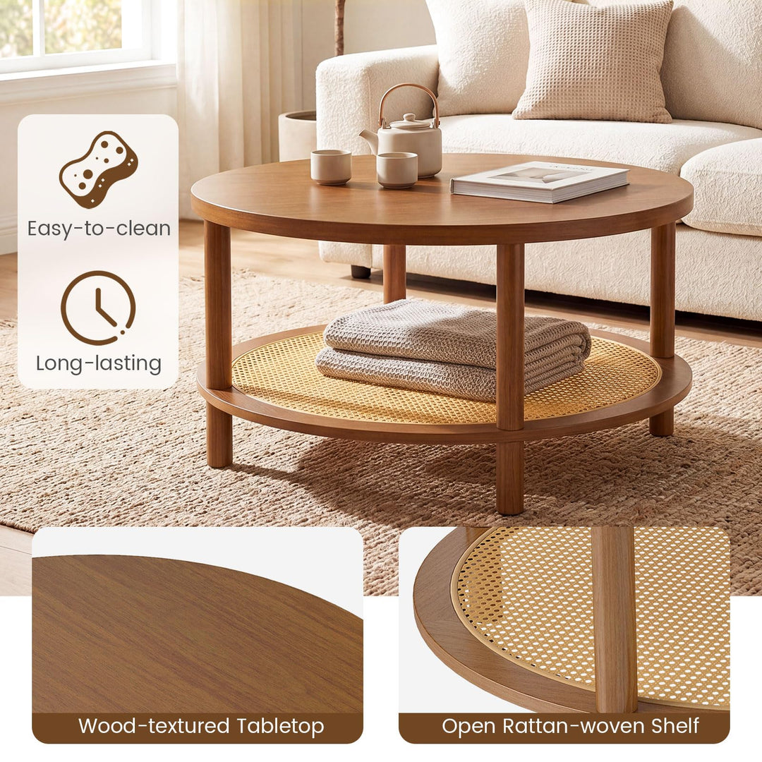 Giantex Round Rattan Coffee Table with Storage &amp; Solid Rubber Wood Legs