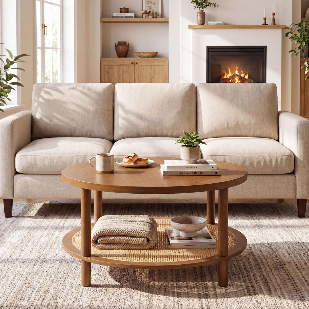 Giantex Round Rattan Coffee Table with Storage &amp; Solid Rubber Wood Legs