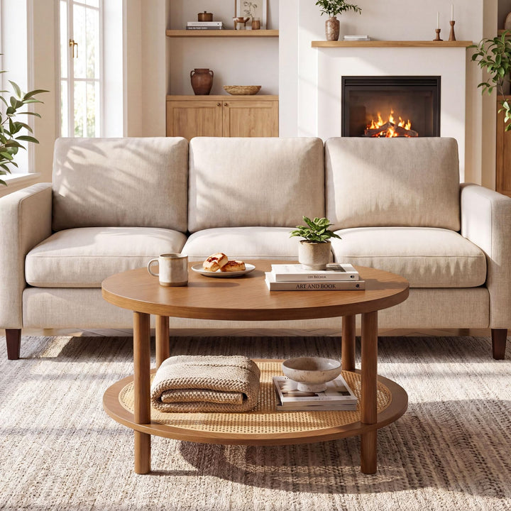 Giantex Round Rattan Coffee Table with Storage &amp; Solid Rubber Wood Legs