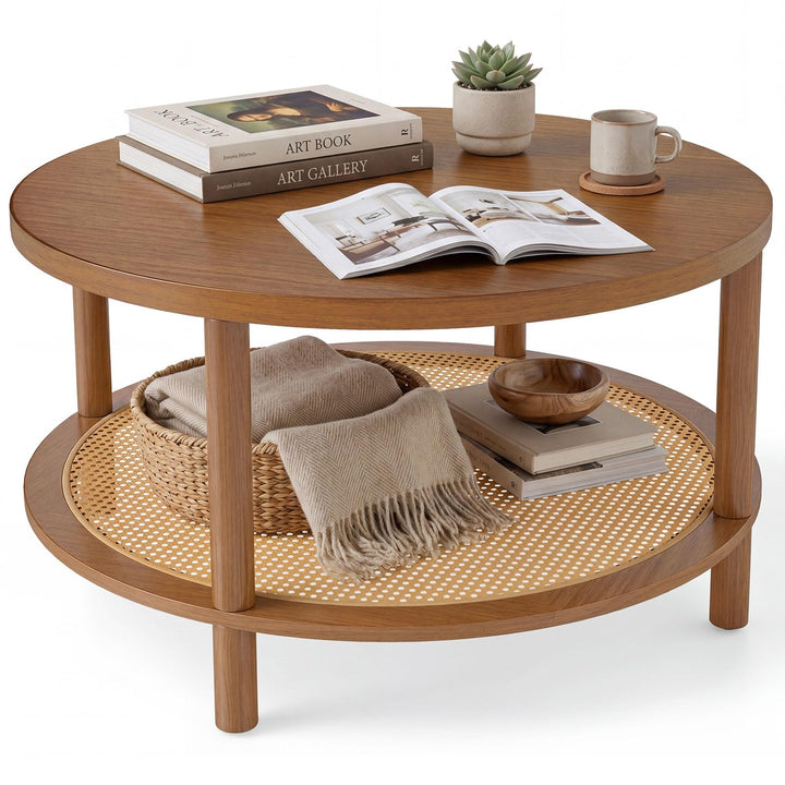 Giantex Round Rattan Coffee Table with Storage &amp; Solid Rubber Wood Legs
