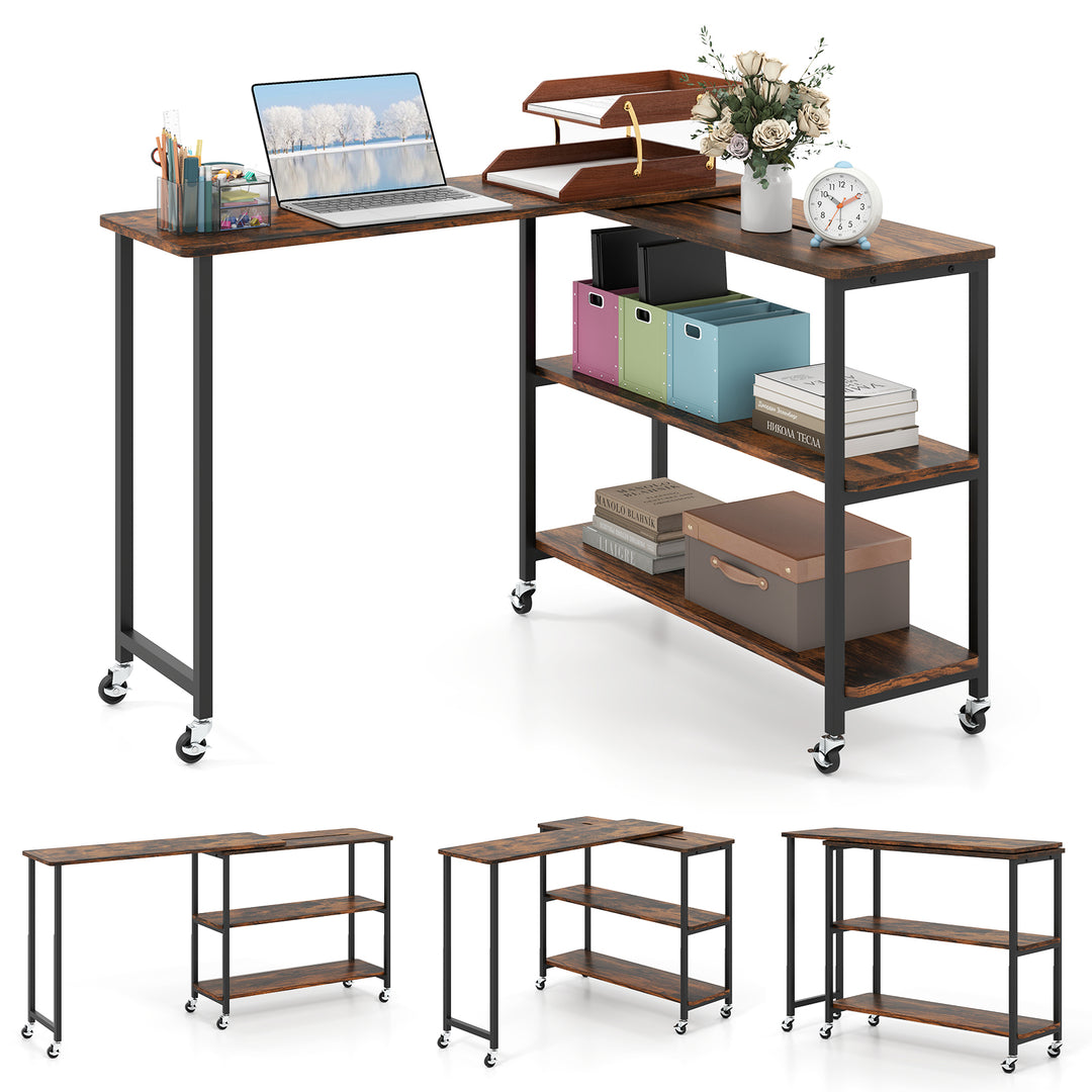360° Rotation Mobile Laptop Table with 2-Tier Storage Shelves