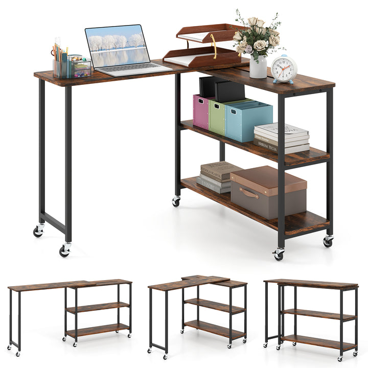 360° Rotation Mobile Laptop Table with 2-Tier Storage Shelves
