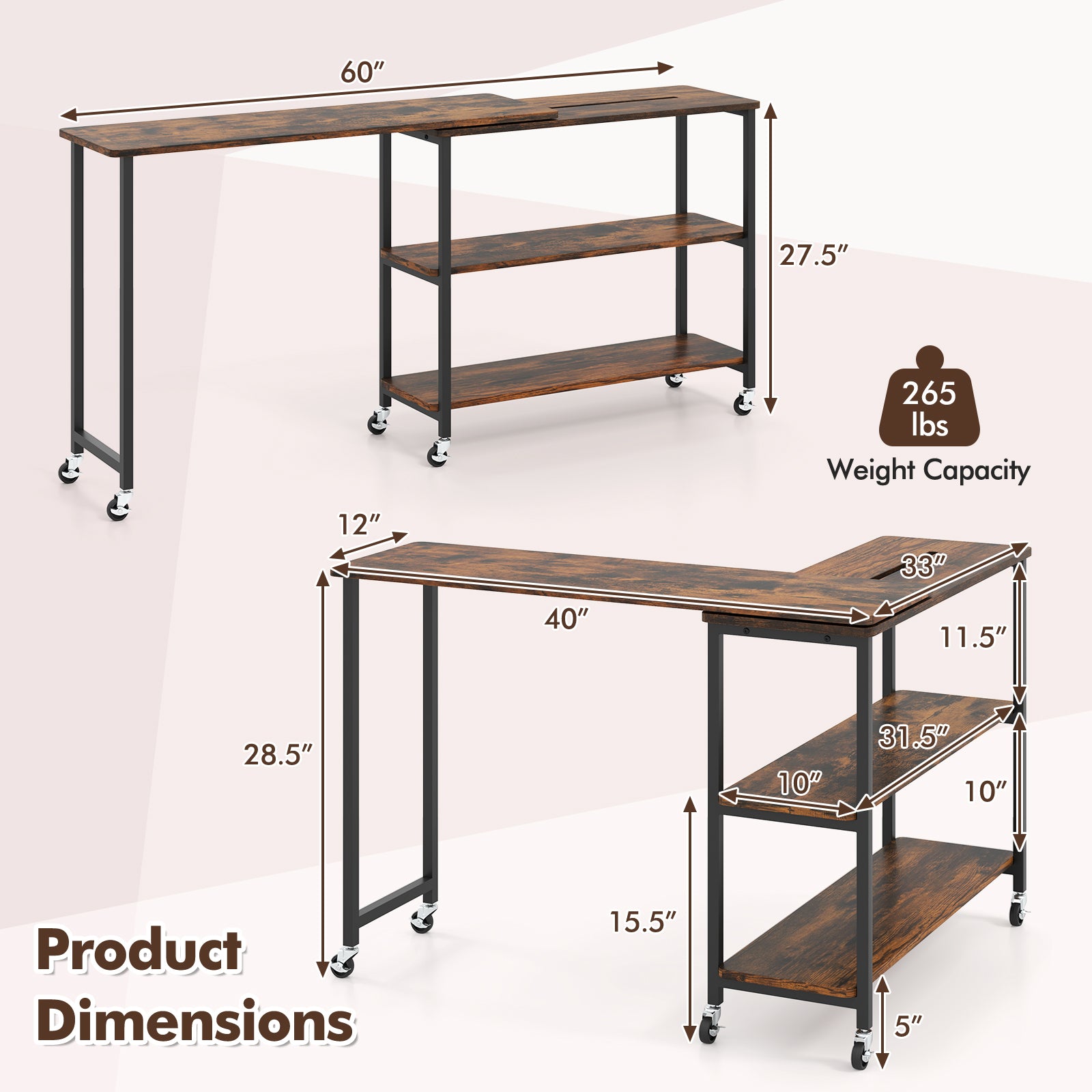 360° Rotation Mobile Laptop Table with 2-Tier Storage Shelves