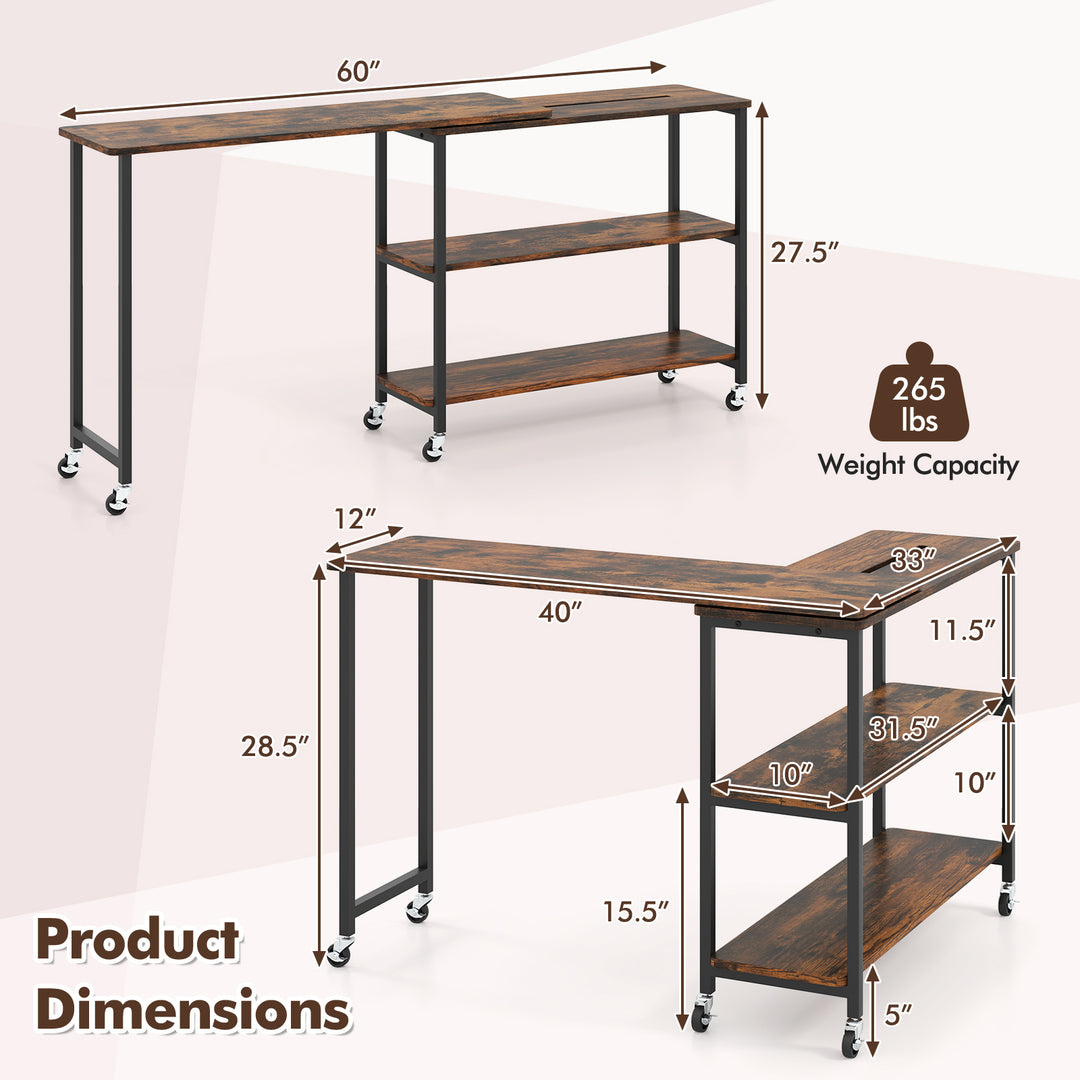 360° Rotation Mobile Laptop Table with 2-Tier Storage Shelves