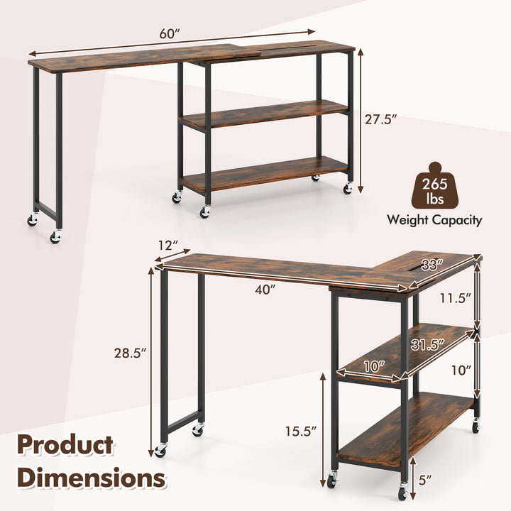 360° Rotation Mobile Laptop Table with 2-Tier Storage Shelves