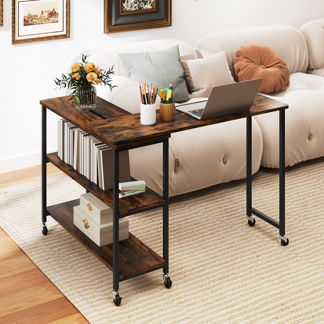 360° Rotation Mobile Laptop Table with 2-Tier Storage Shelves