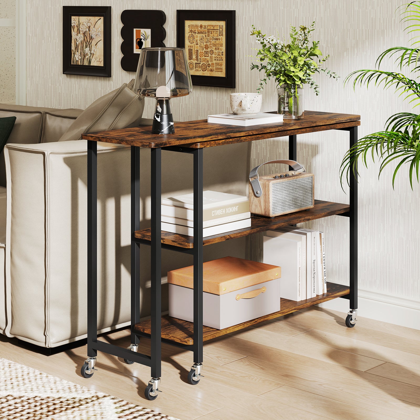 360° Rotation Mobile Laptop Table with 2-Tier Storage Shelves
