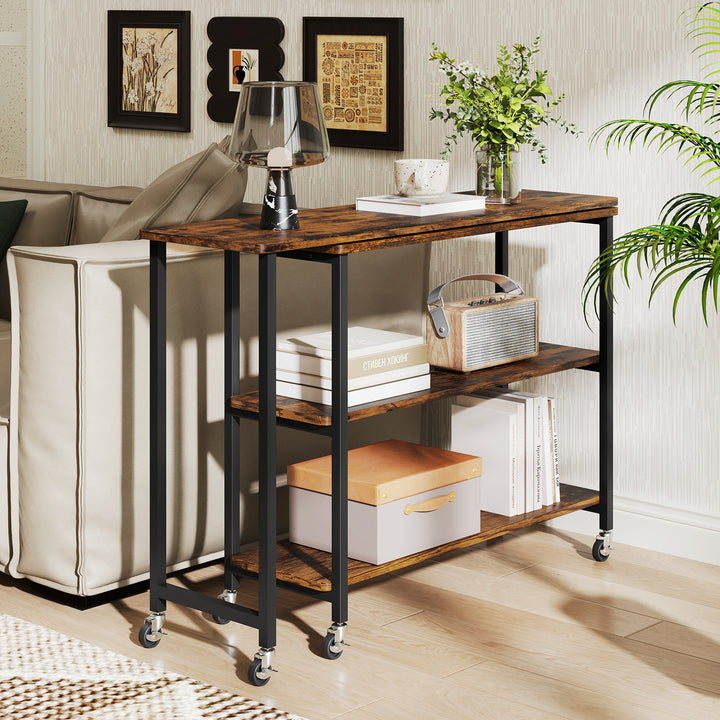 360° Rotation Mobile Laptop Table with 2-Tier Storage Shelves