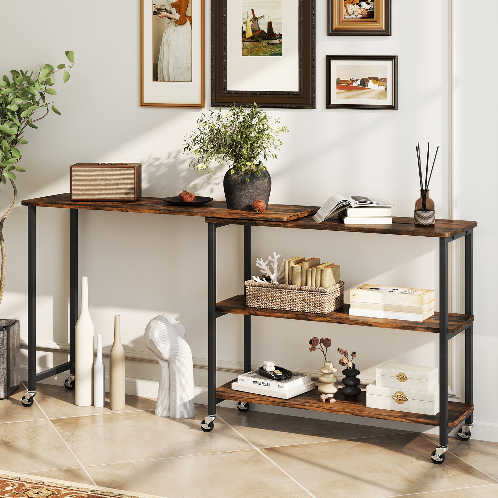 360° Rotation Mobile Laptop Table with 2-Tier Storage Shelves