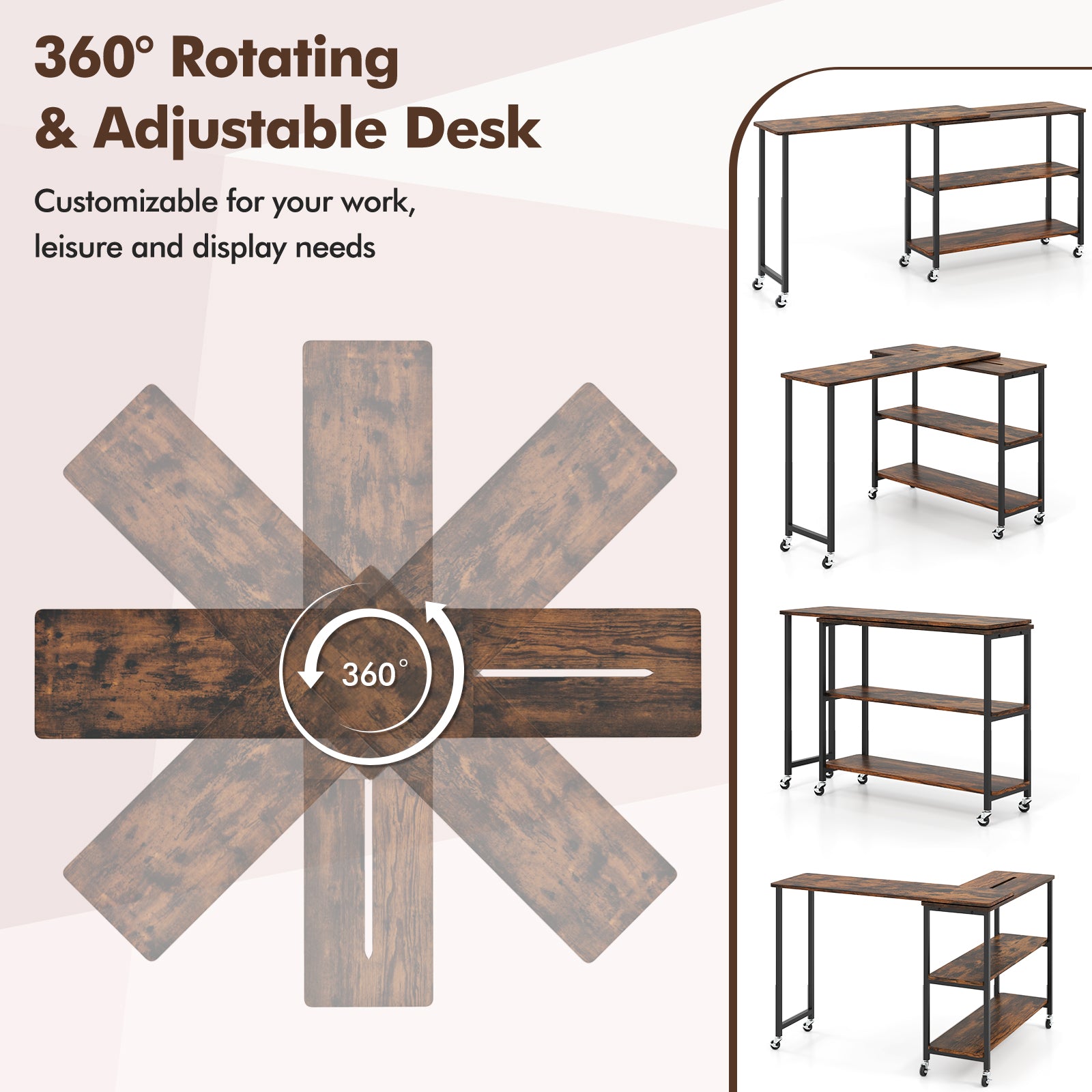 360° Rotation Mobile Laptop Table with 2-Tier Storage Shelves