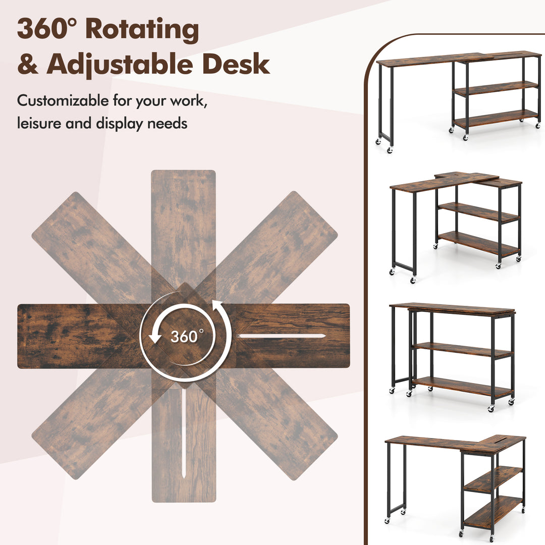 360° Rotation Mobile Laptop Table with 2-Tier Storage Shelves