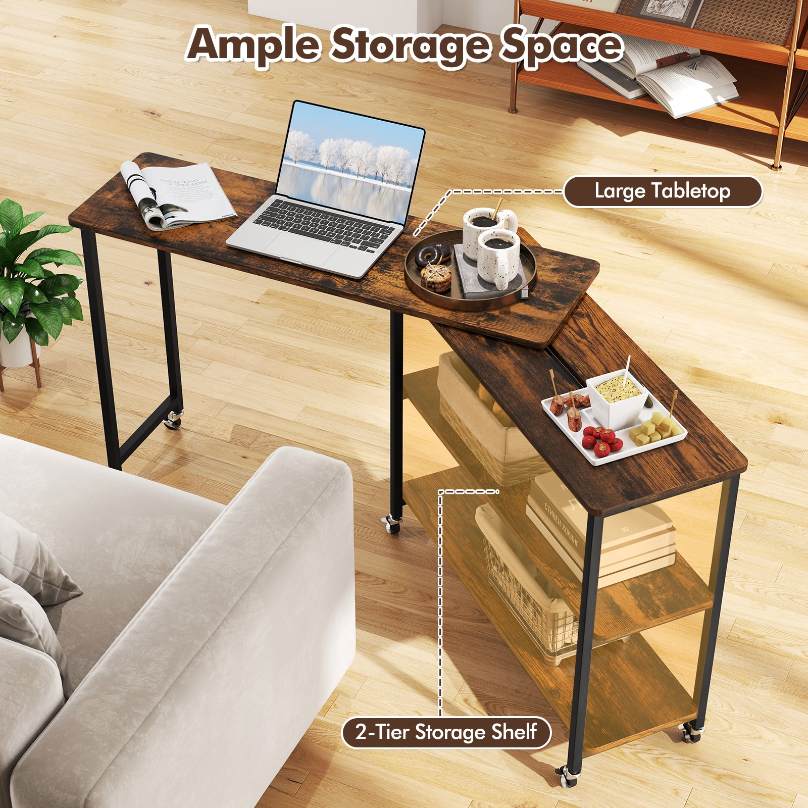 360° Rotation Mobile Laptop Table with 2-Tier Storage Shelves