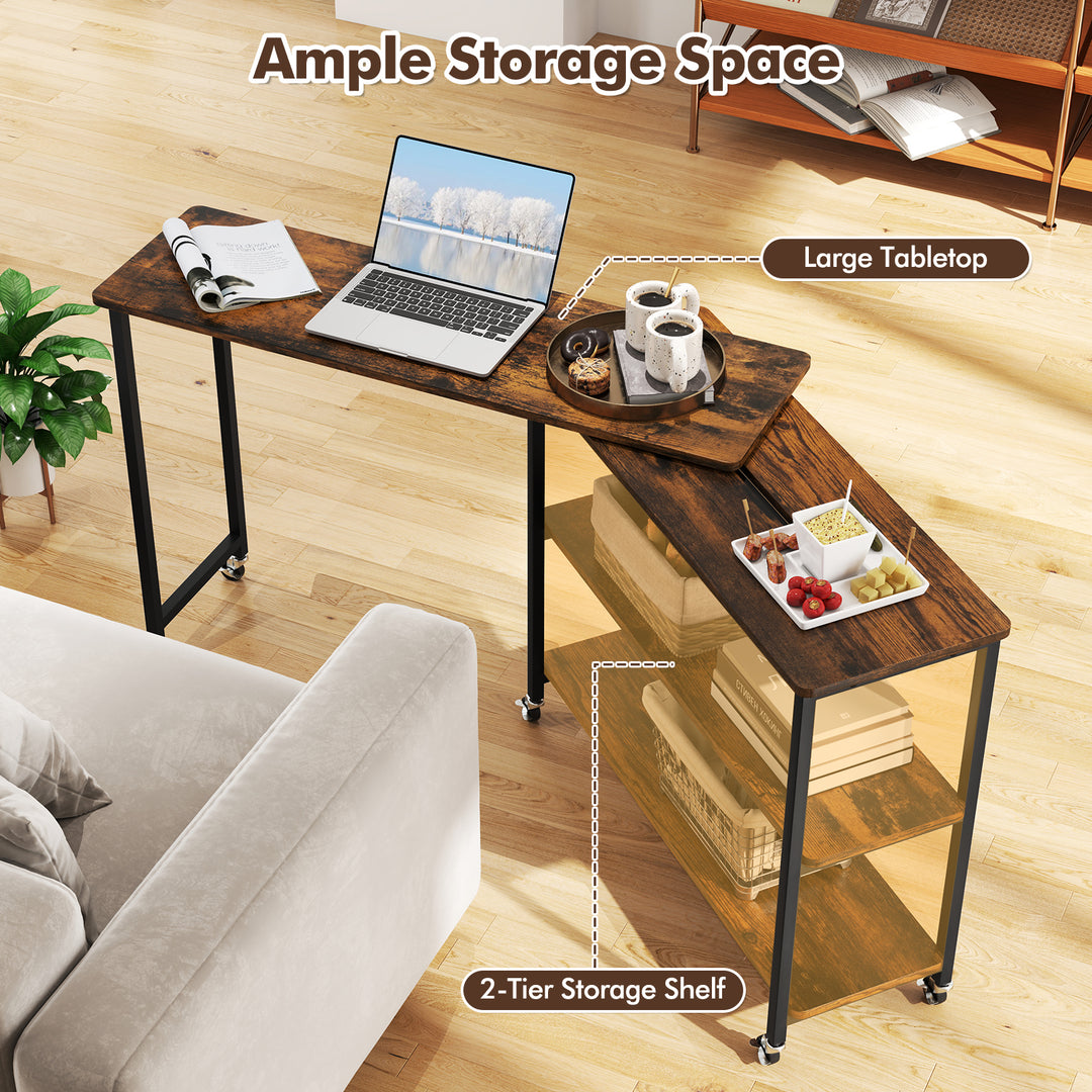 360° Rotation Mobile Laptop Table with 2-Tier Storage Shelves