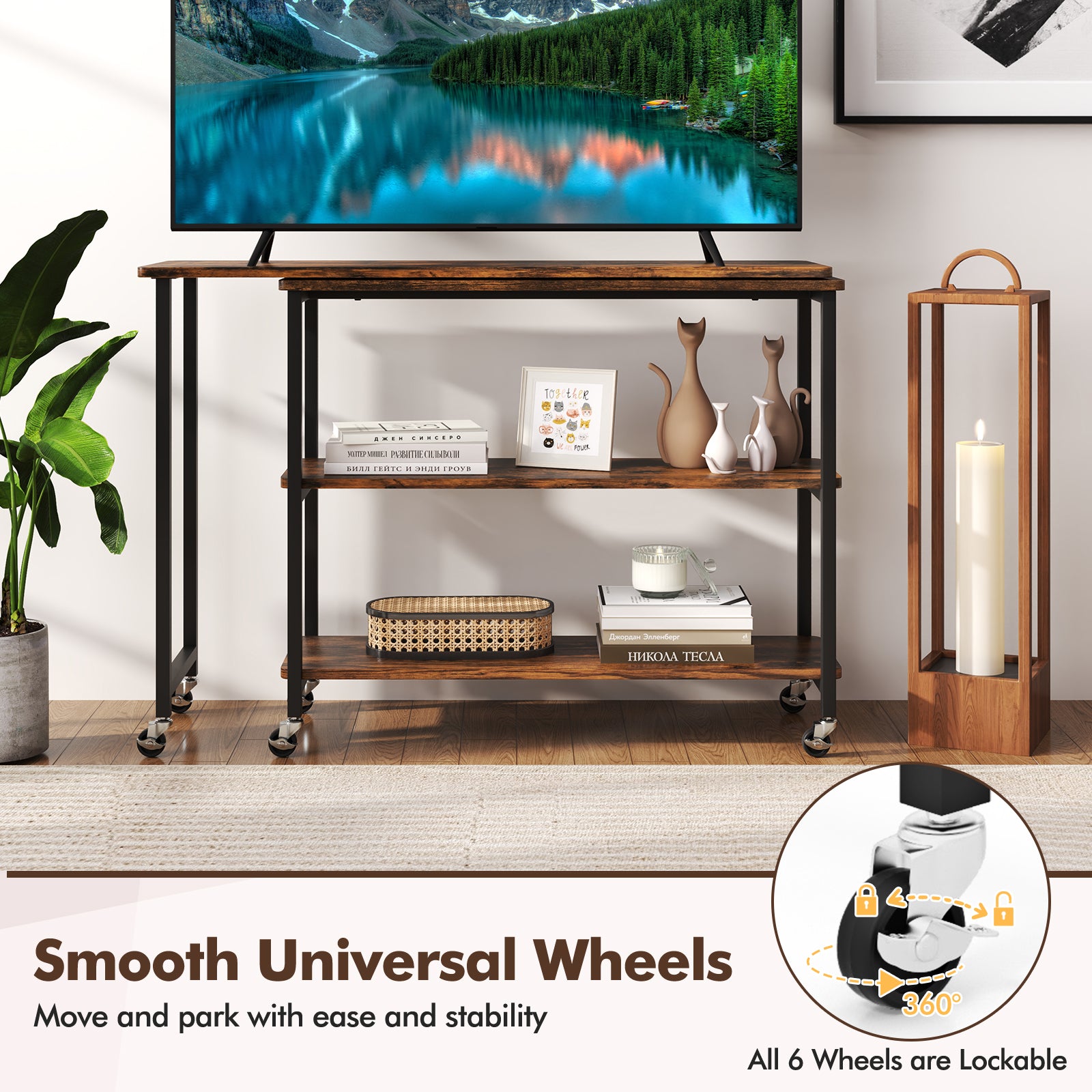360° Rotation Mobile Laptop Table with 2-Tier Storage Shelves