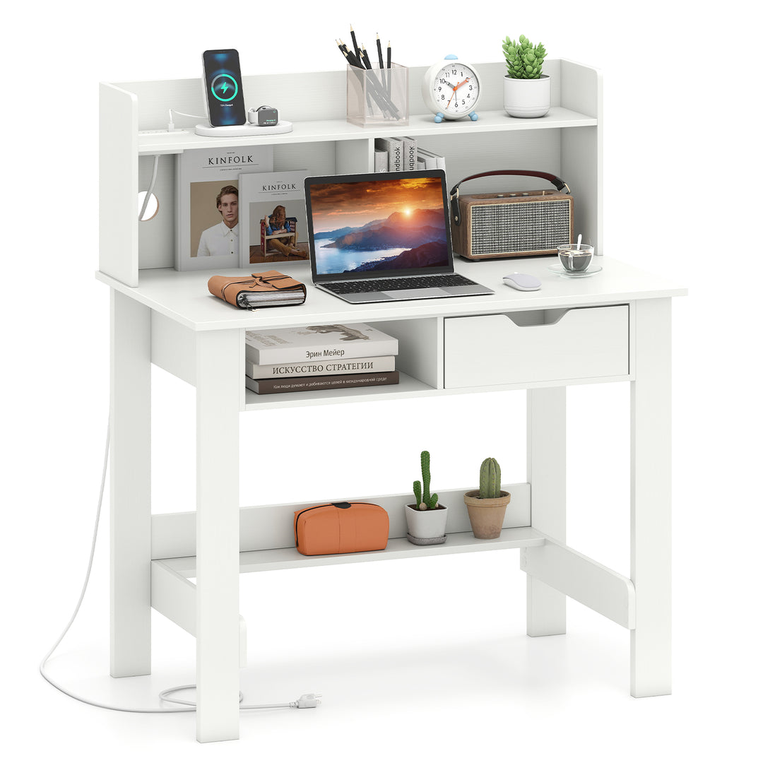 Giantex White Computer Desk with Hutch, Home Office Desk with Power Outlets, USB Ports