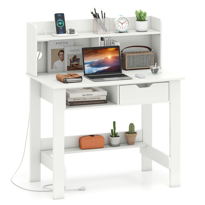 Giantex White Computer Desk with Hutch, Home Office Desk with Power Outlets, USB Ports